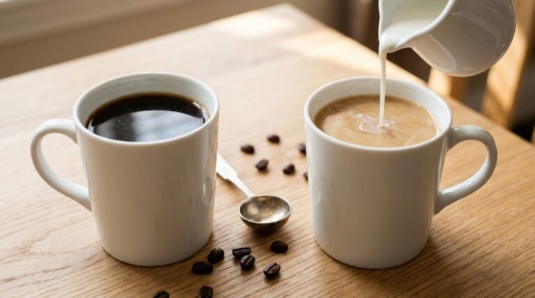 Coffee creamer poured into one mug next to a mug of black coffee