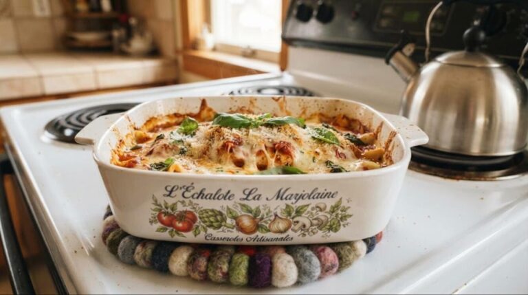 Comfort food casseroles: bubbling chicken parmesan bake in a vintage casserole dish