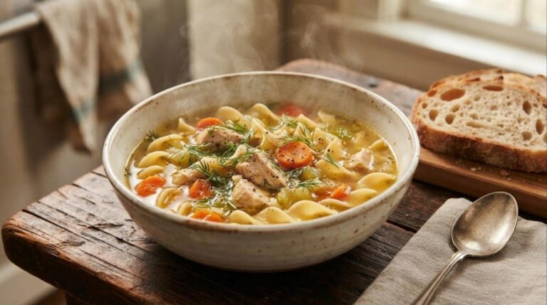 Comfort soups: homemade chicken noodle soup with carrots and dill