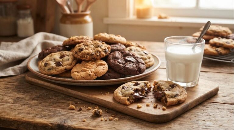 Cookie recipes: assorted homemade cookies with a glass of milk