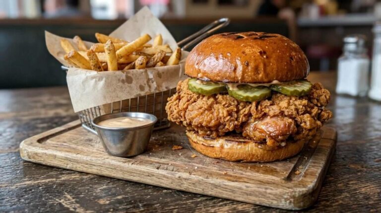 Crispy fried chicken sandwich with pickles and fries on a wooden board