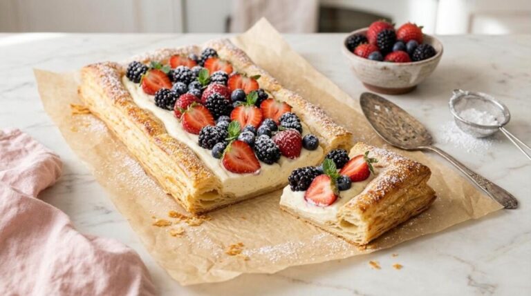 Berry cream puff pastry tart with strawberries and blackberries on parchment