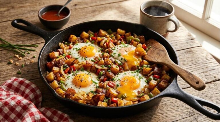 Cast iron breakfast hash with crispy potatoes, peppers and runny eggs