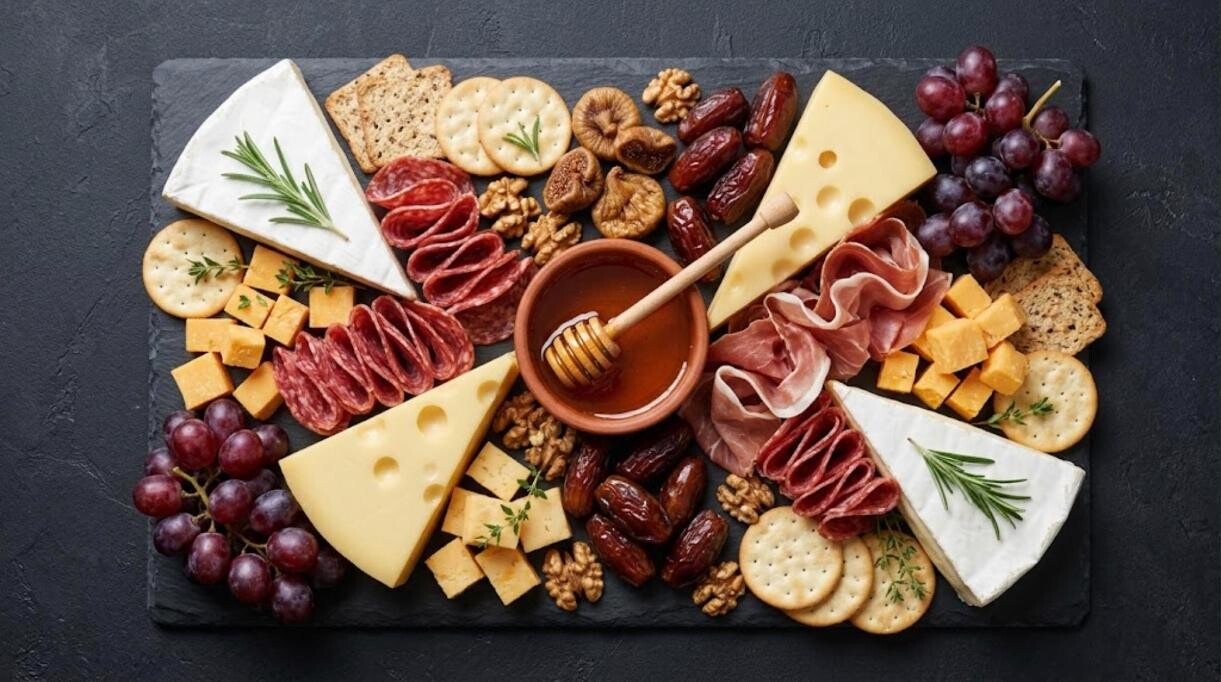 Classic charcuterie board with honey, figs, brie and prosciutto on a slate platter