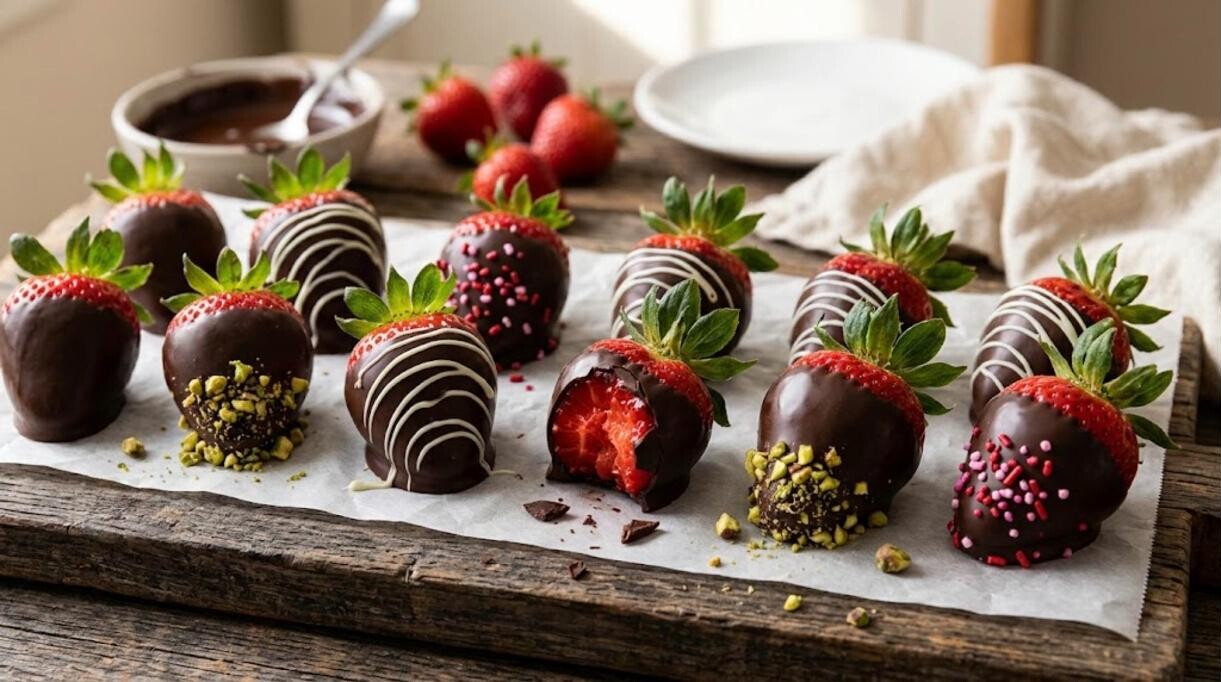 Chocolate covered strawberries with white chocolate drizzle, pistachios and sprinkles