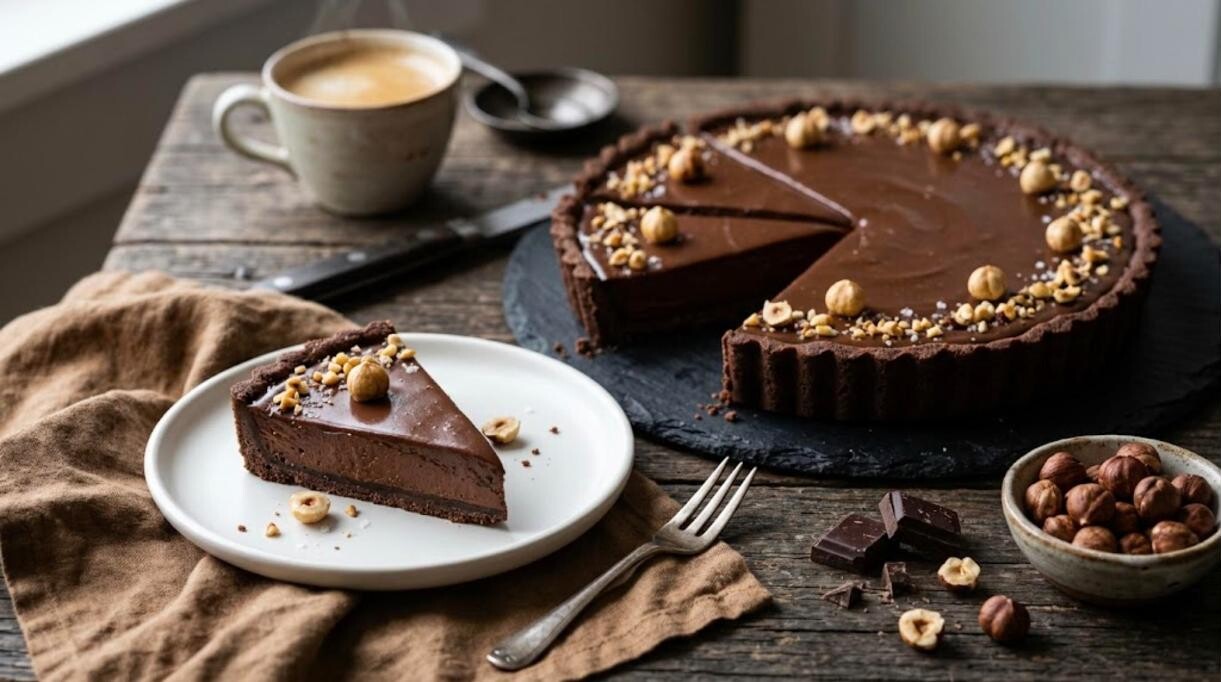 Silky chocolate hazelnut tart on a slate board with a slice on a white plate