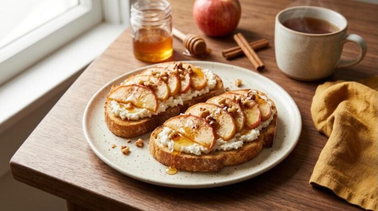 Cinnamon apple ricotta toast on sourdough with honey and walnuts