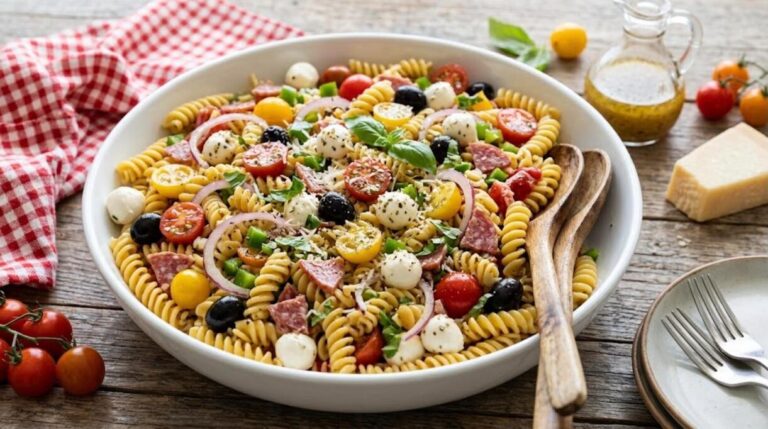 Big white bowl of classic Italian pasta salad with mozzarella, tomatoes, olives and salami