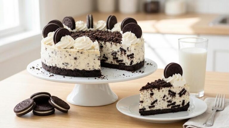 Cookies and cream cheesecake on a white cake stand with a slice and a glass of milk