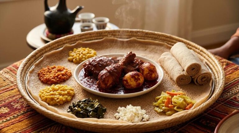 African dinners: Ethiopian doro wat chicken stew served on injera