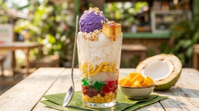Filipino halo-halo with ube ice cream and leche flan in a tall glass