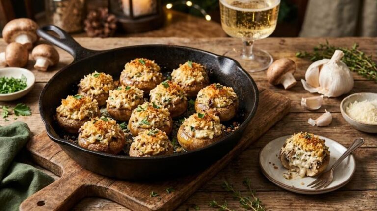 Garlic herb stuffed mushrooms with cream cheese and parmesan in a cast iron skillet