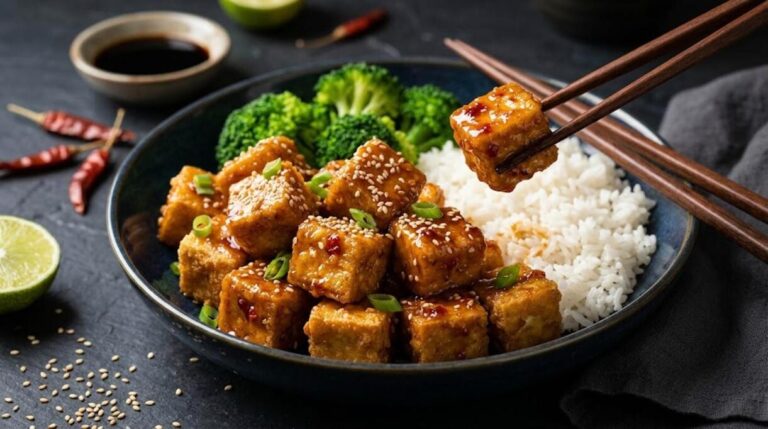General Tso style crispy tofu with sesame seeds, rice and broccoli