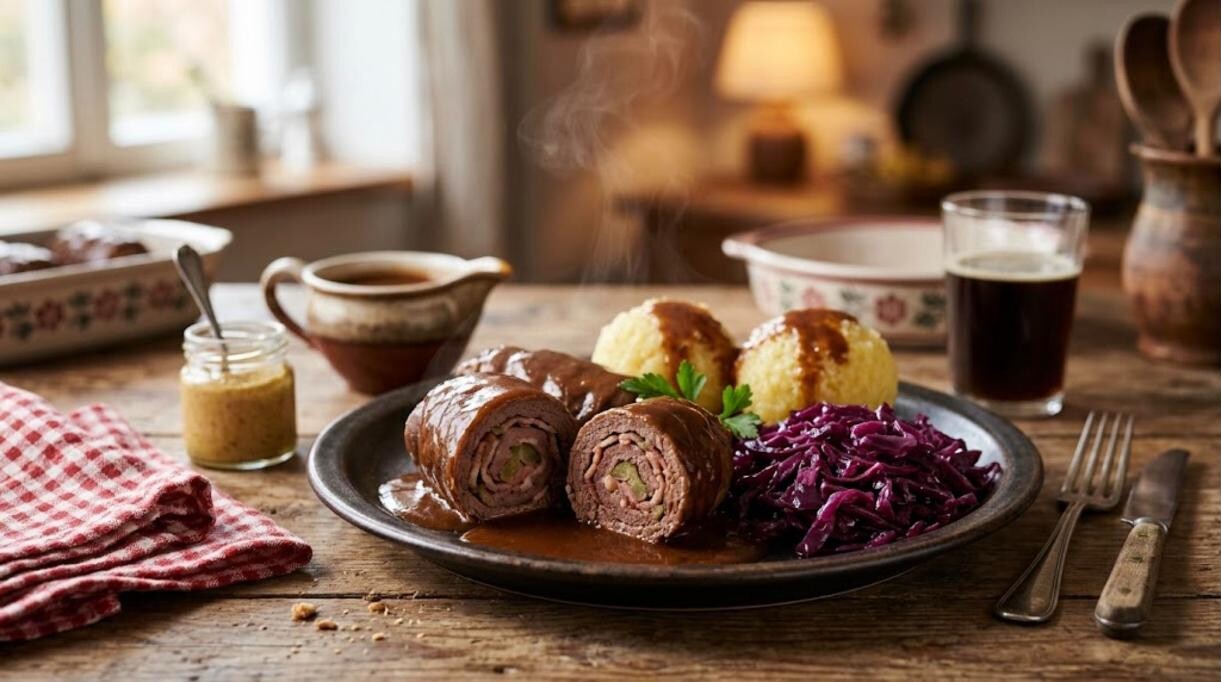 German dinners: beef rouladen with gravy, red cabbage and potato dumplings