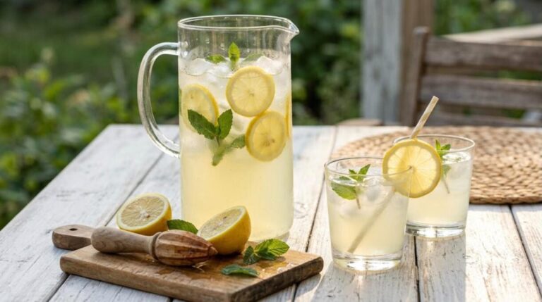 Homemade lemonade with mint and lemon slices in a glass pitcher