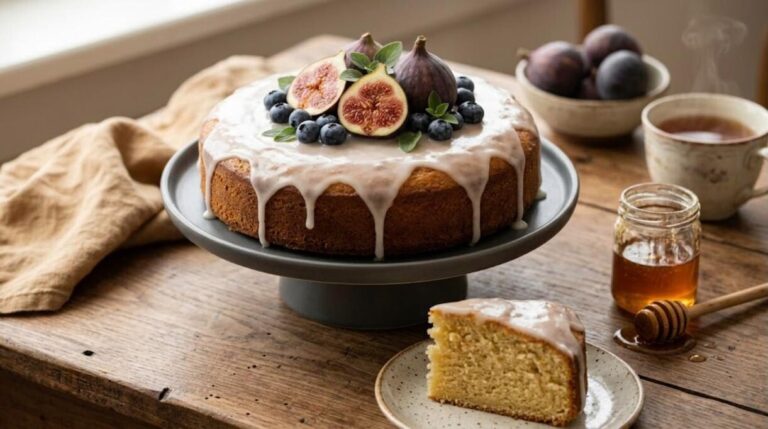 Honey glazed fig cake topped with fresh figs and blueberries on a cake stand