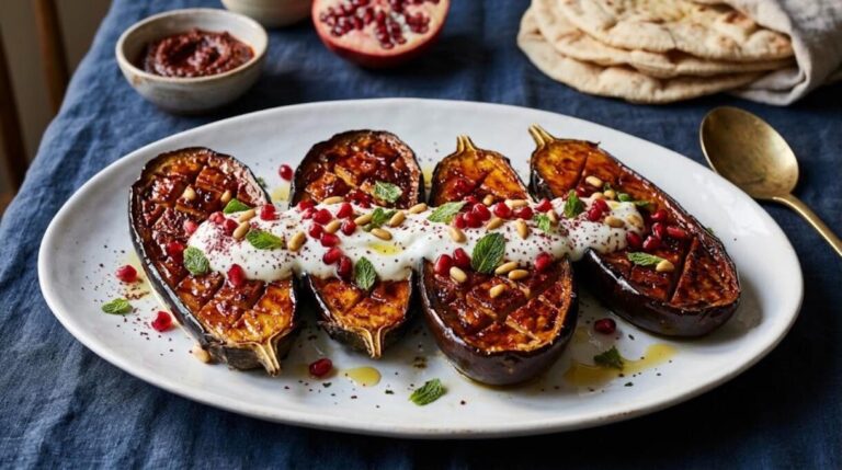 Honey harissa roasted eggplant with garlic yogurt, pomegranate and mint on a platter