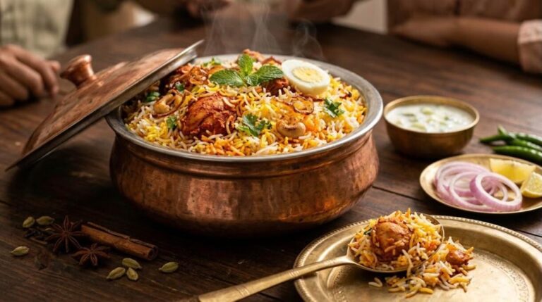 Indian dinners: chicken biryani with saffron rice, fried onions and mint