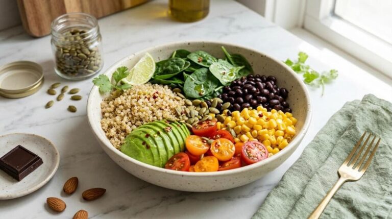 Magnesium power bowl with quinoa, spinach, black beans, avocado and pumpkin seeds