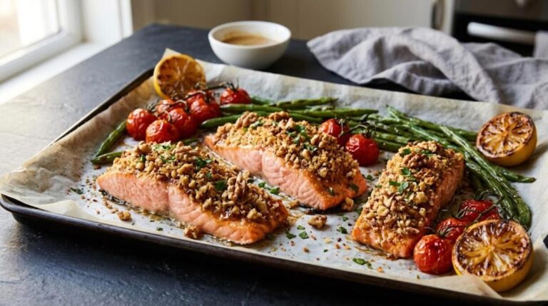 Maple Dijon salmon fillets with a walnut crust on a sheet pan
