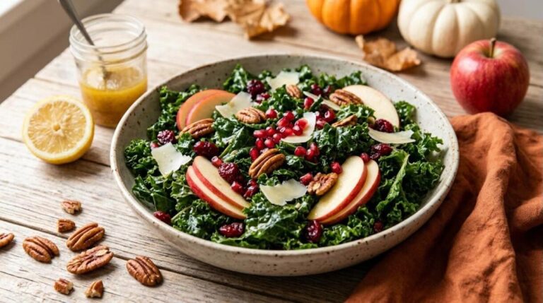 Massaged kale salad with apple slices, cranberries, pecans and shaved parmesan