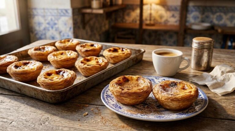 Portuguese pastel de nata custard tarts on a baking tray and a blue and white plate