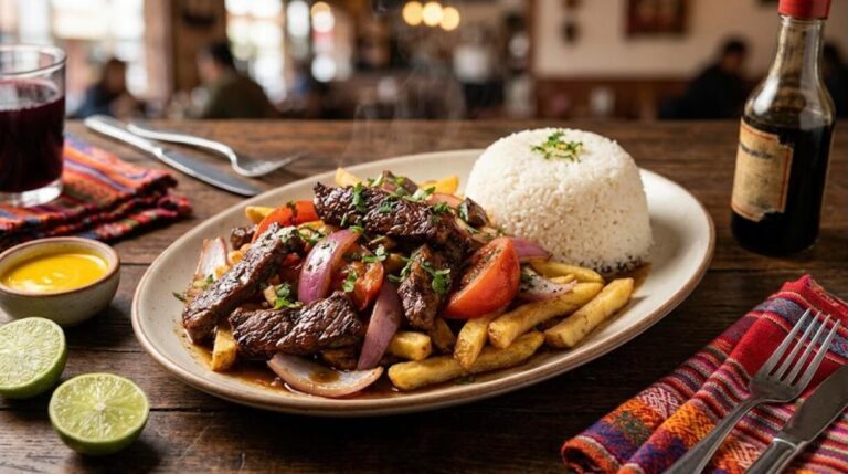 South American dinners: Peruvian lomo saltado with beef, tomatoes, onions and fries