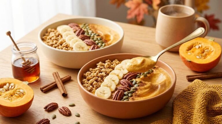 Pumpkin pie smoothie bowls with granola, banana, pecans and pumpkin seeds