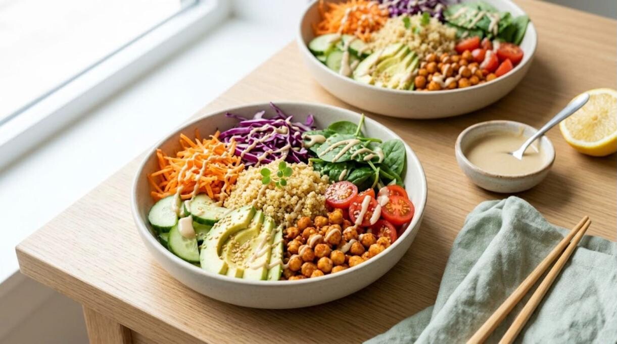 Two rainbow quinoa Buddha bowls with avocado, chickpeas and tahini dressing