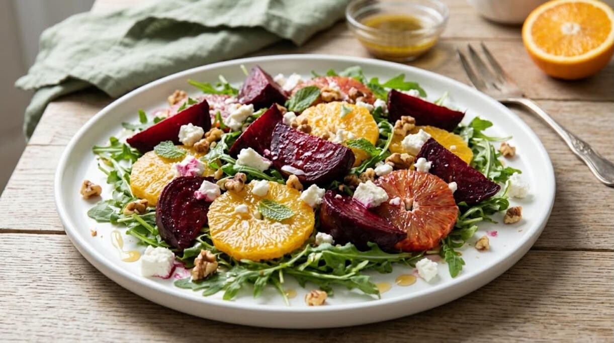 Roasted beet salad with oranges, feta, walnuts and arugula on a white platter