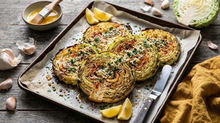 Roasted cabbage steaks with garlic butter, parmesan and parsley on a sheet pan