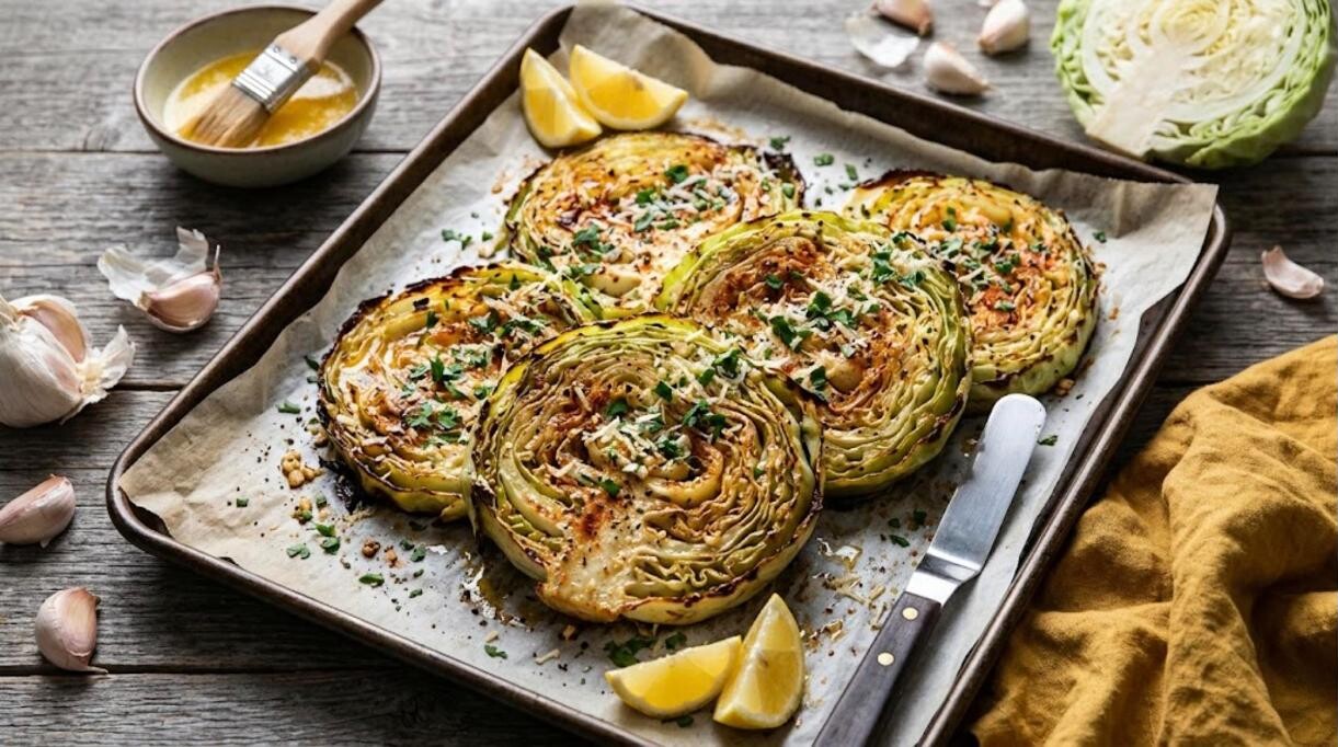 Roasted cabbage steaks with garlic butter, parmesan and parsley on a sheet pan