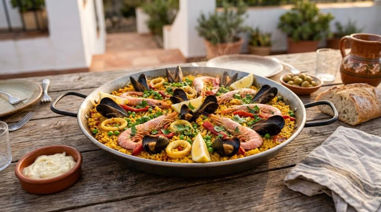 Spanish dinners: seafood paella with shrimp, mussels and lemon