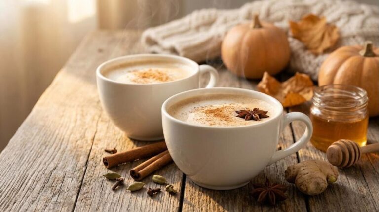 Two mugs of spiced chai latte with cinnamon sticks, star anise and honey on a rustic table