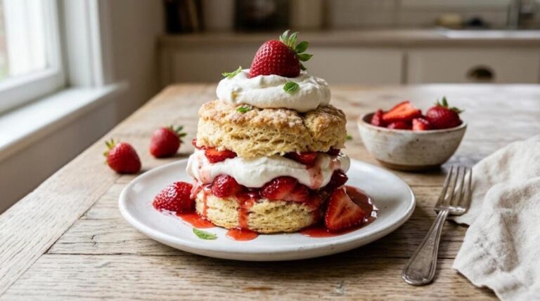Strawberry shortcake with whipped cream and fresh strawberries on a white plate
