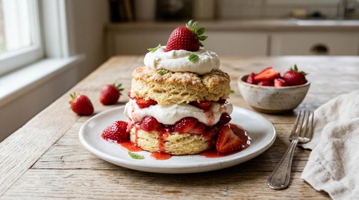 Strawberry shortcake with whipped cream and fresh strawberries on a white plate
