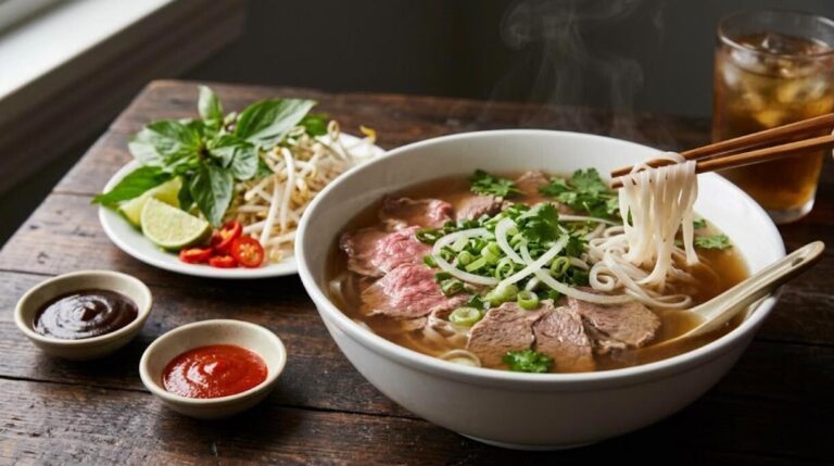 Vietnamese dinners: steaming bowl of beef pho with herbs and lime