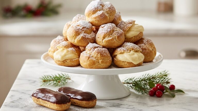 Cream puffs piled on a white cake stand with pastry cream and chocolate eclairs