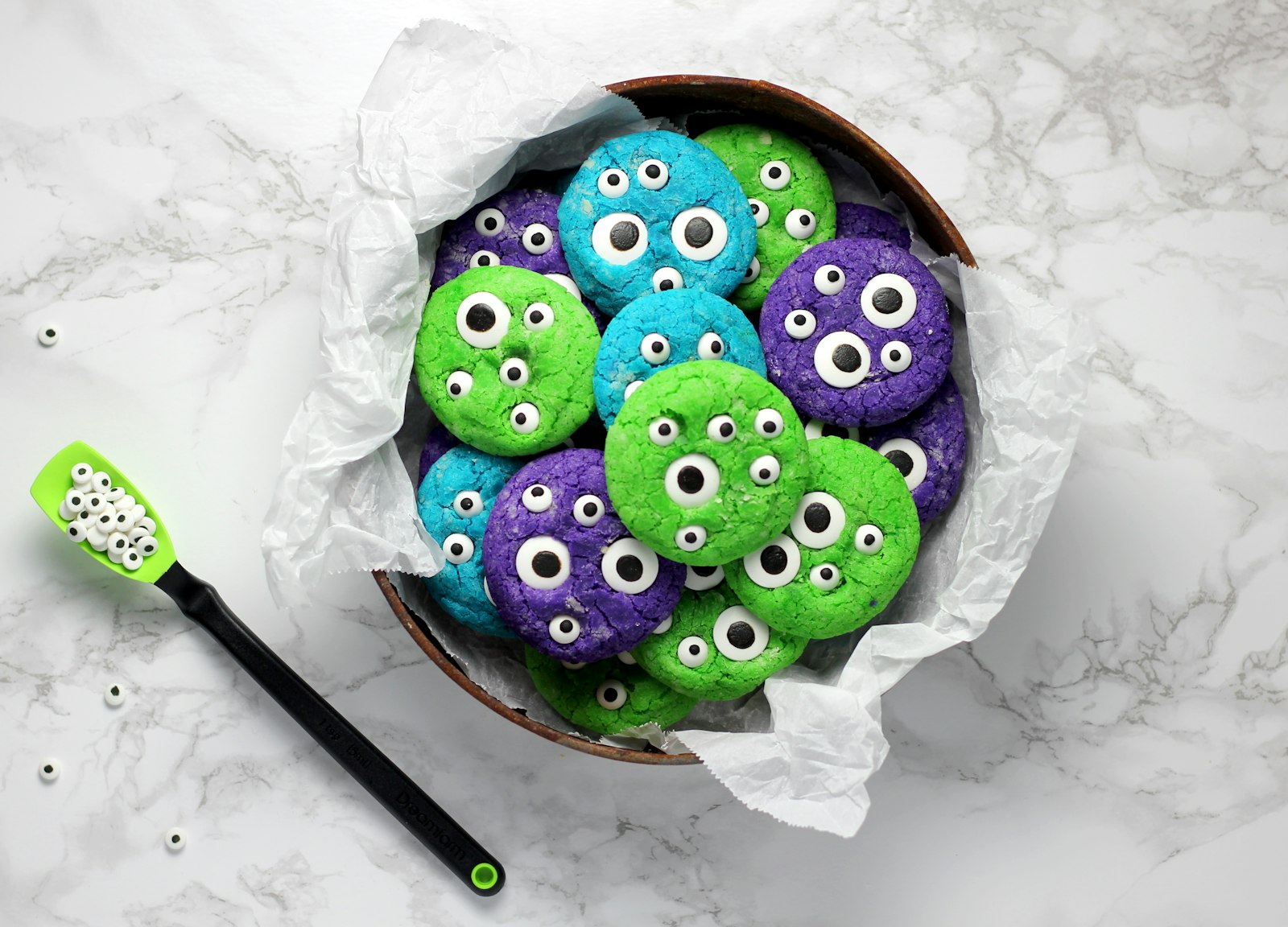 Halloween monster crinkle cookies with candy eyes