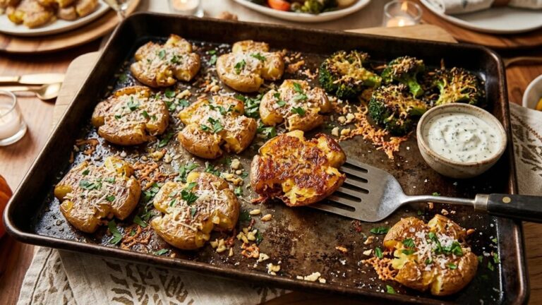 A sheet pan of crispy smashed potatoes with garlic butter and parmesan