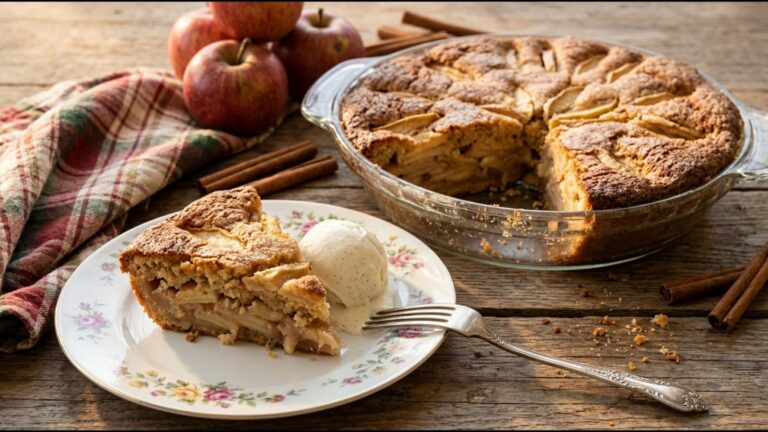 Crustless pies: Swedish apple pie in a glass dish with a slice served with vanilla ice cream