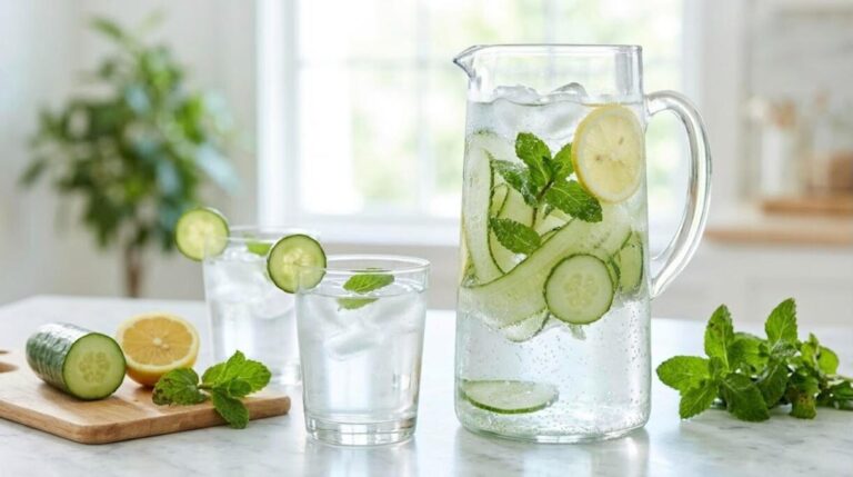 Infused water: cucumber mint water in a glass pitcher with lemon