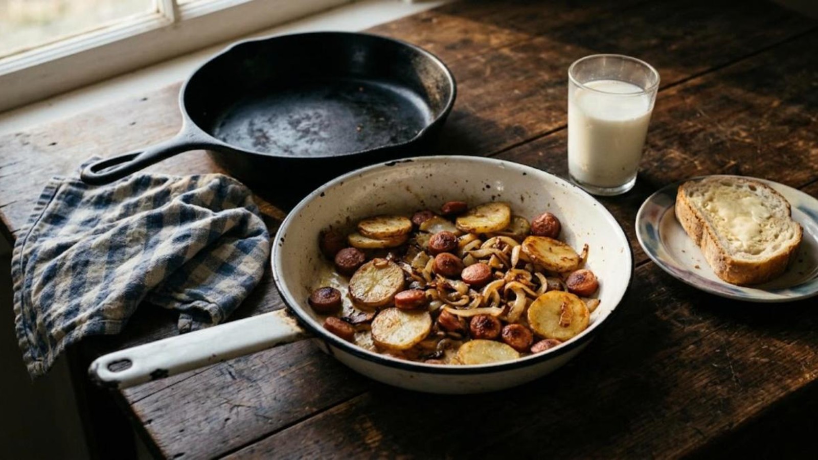 Depression era dinners: fried potatoes, onions and hot dogs in an old enamel pan