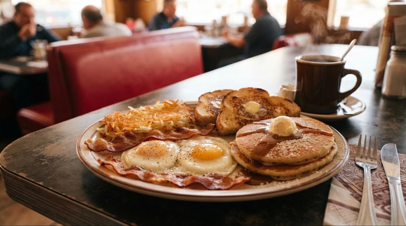 Diner breakfast: eggs, bacon, hash browns, toast and pancakes with coffee