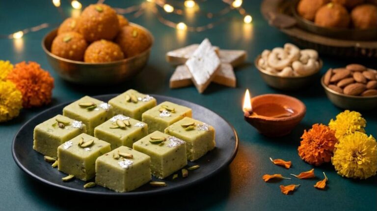 Diwali sweets: pistachio barfi on a dark plate beside a glowing diya