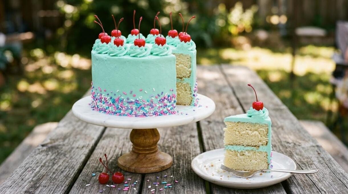 Cake mix desserts: mint frosted layer cake with cherries and sprinkles