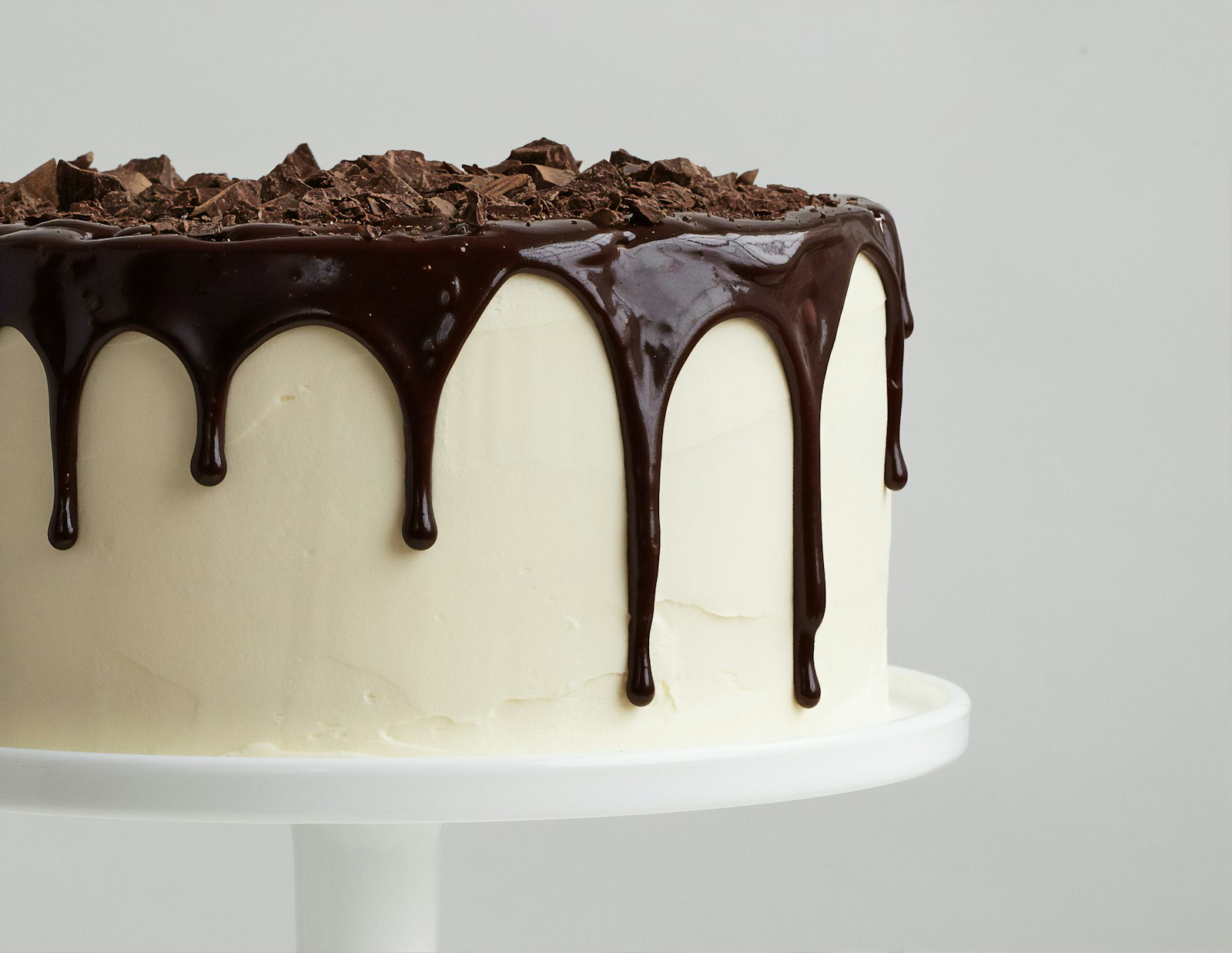 Chocolate drip cake with white frosting