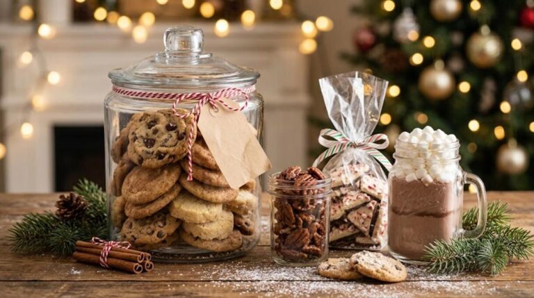 Edible gifts: glass cookie jar tied with twine beside holiday treats