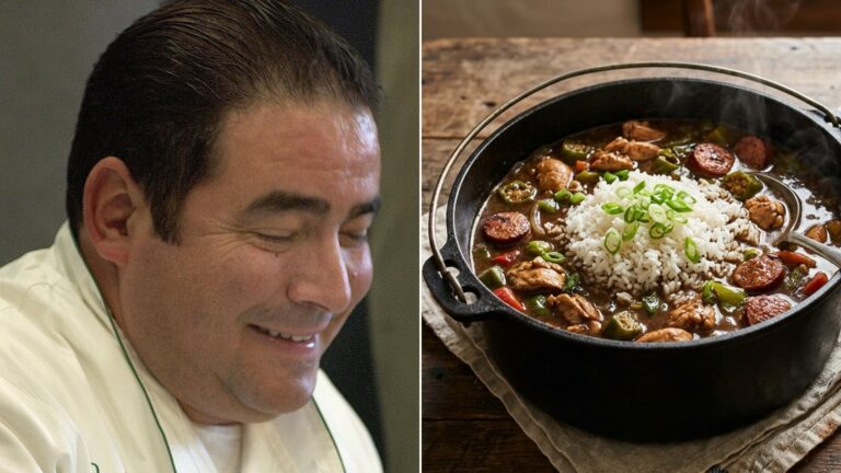 Emeril Lagasse next to a pot of chicken and andouille gumbo, the first of our Emeril Lagasse recipes