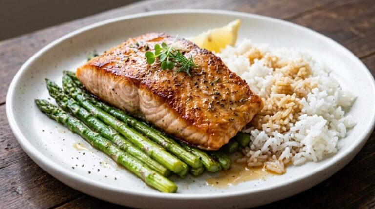 5 ingredient dinners pan seared salmon with asparagus and rice